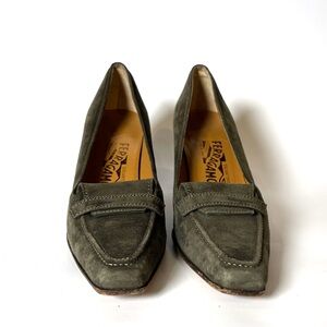 Salvatore Ferragamo Olive Green Suede Heel Loafers – Vintage Italian Designer